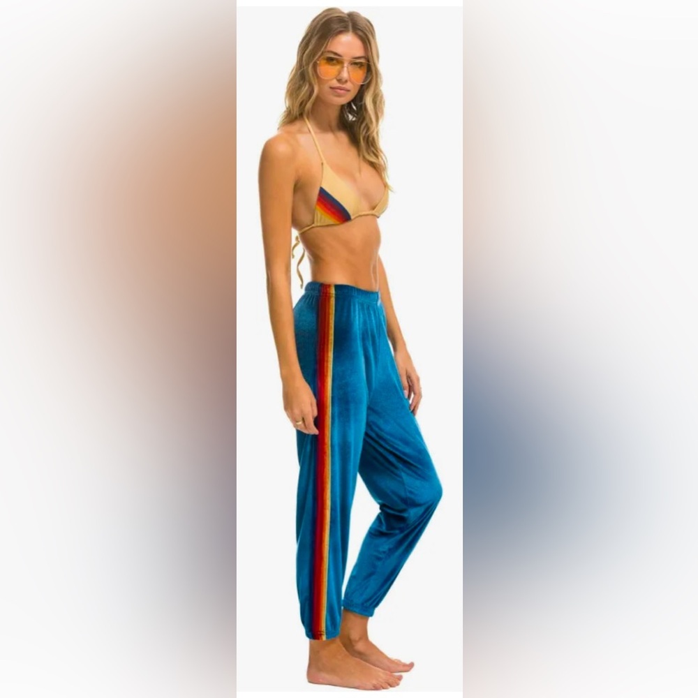 Aviator Nation Teal Velour Joggers with Rainbow Side Stripe